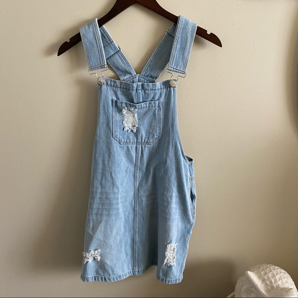 🦉/ Riley & James Light Wash Overall Denim Distressed Dress Size M